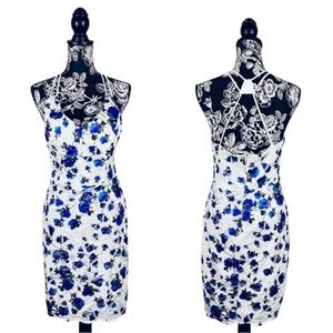 B Darlin white lace blue floral foil strappy dress size 14